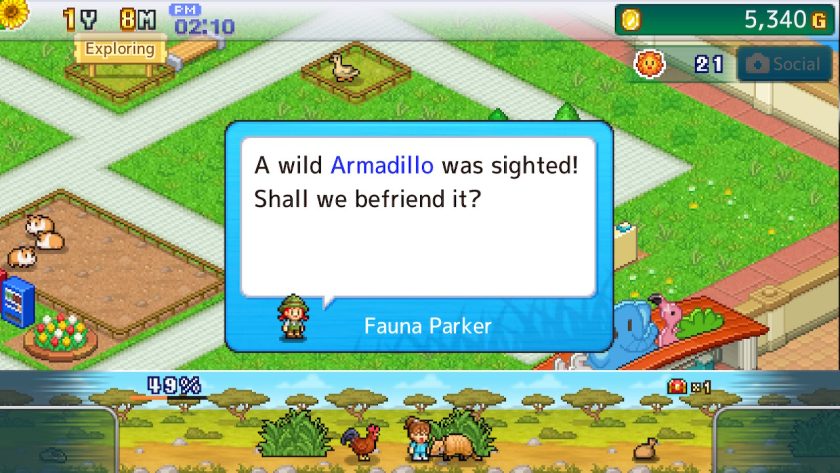 The exploration scrolling screen with an armadillo jumping from a bush. A dialog box with Fauna saying “A wild armadillo was sighted. Shall we befriend it?”