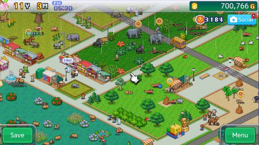 Various zoo areas containing elephants, gorillas, red pandas, capybara, ducks and pigs to name just a few.