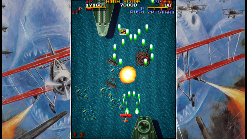 A biplane fighting some giant war ships