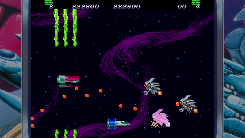 A space ship taking on some flying robots