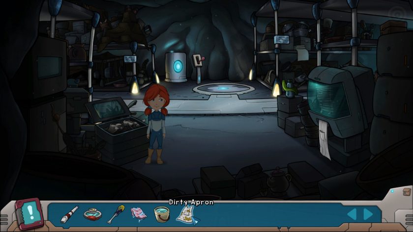 Aurora in a dark corridor, the inventory has several items, including a dirty apron, which is highlighted.