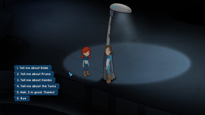 Aurora meeting one of the other children, with dialogue options to ask about all of the others.