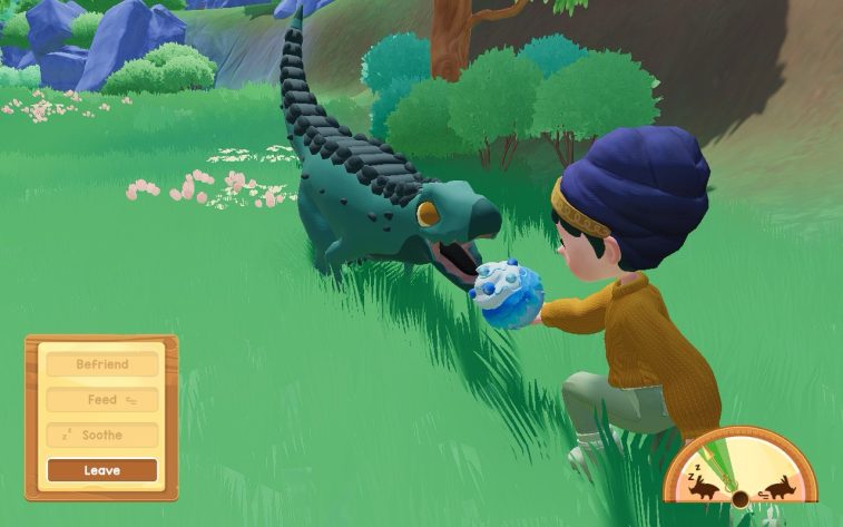 Player character is extending their arm toward a green postosuchus, offering a blue and white baked good. The lower left of the screen has options for what to do next in this dinosaur encounter, and the lower right shows if the dino is bored, excited, or somewhere in between.