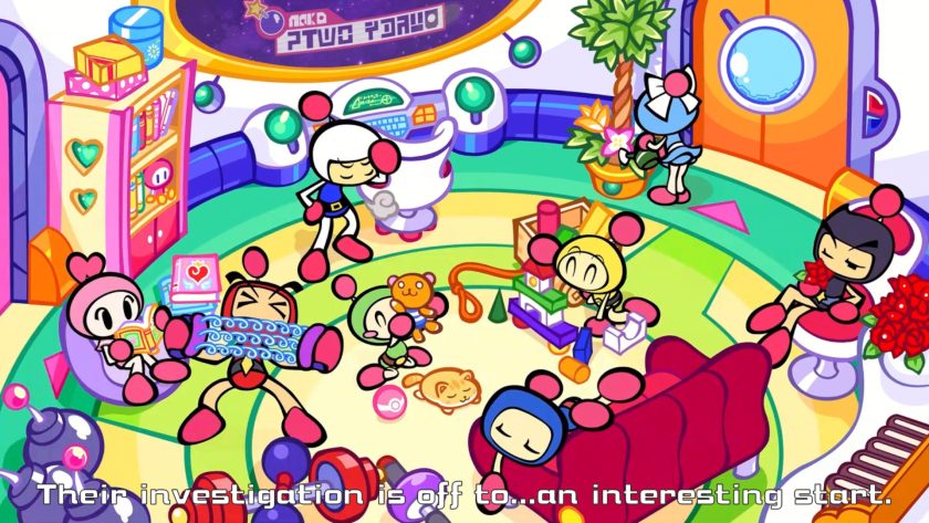 A animated screenshot from the single player, the Bombermen are chilling out