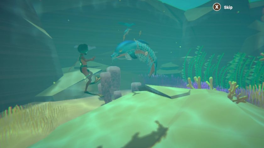 Underwater scene with the protagonist finding a dolphin stuck in a fishing net.