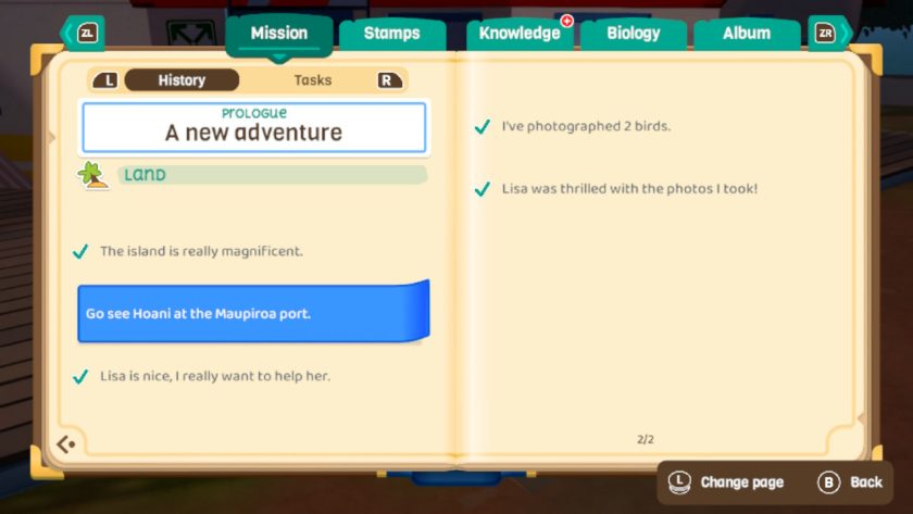 The notebook open on the mission tab. Several missions are ticked off, like photograph two birds. However the mission “go see Hoani at the port” is highlighted in blue.