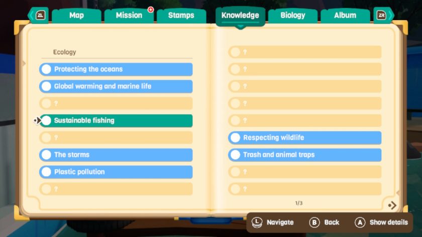 Knowledge page of the notebook, listing ecology knowledge, such as protecting the oceans, sustainable fishing and respecting wildlife.