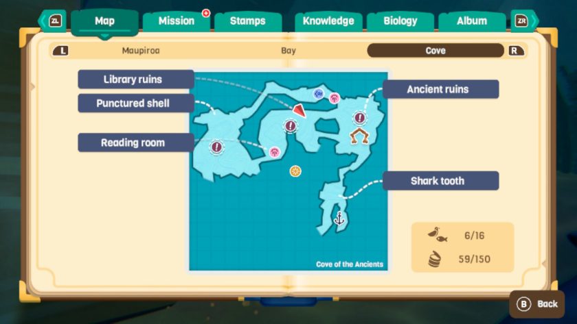 The map of the Cove with 3 exclamation marks. It shows the location of the library and ancient ruins, as well as an anchor for the dive boat.