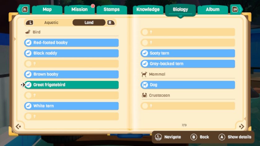 The biology tab of the notebook, detailing the land animals discovered, such as a great frigate bird, white tern and dog.