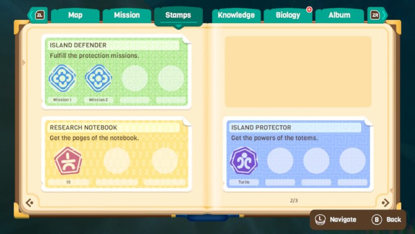 The stamps tab of the notebook, showing the completed stamps, e.g. a red pentagon for completing 10 pages of the notebook and two blue flowers for completing missions 1 and 2.