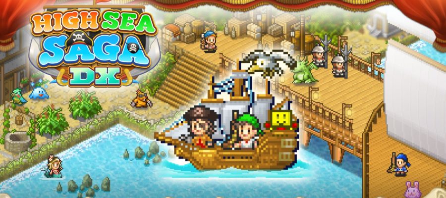 Title image for High Sea Saga DX showing two pirates and Kairobot on a galleon, with various monsters and characters on the surrounding harbour.