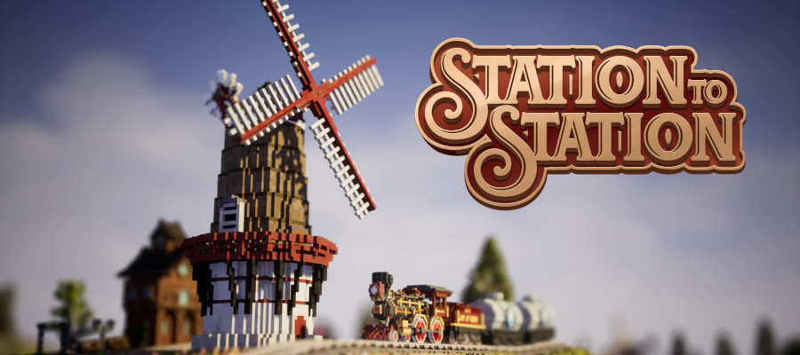 A voxel-art train runs in front of a windmill. The Station to Station logo is in the upper right-hand corner