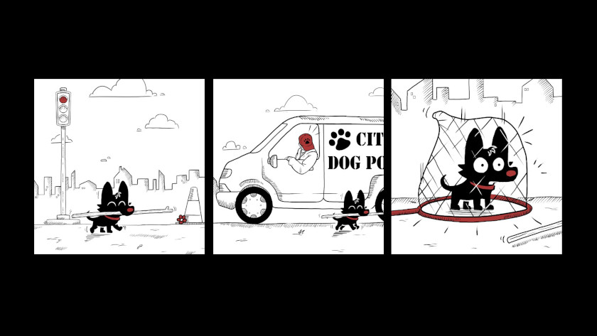 A three-panel comic shows Roberto with his stick getting caught and taken to the pound.