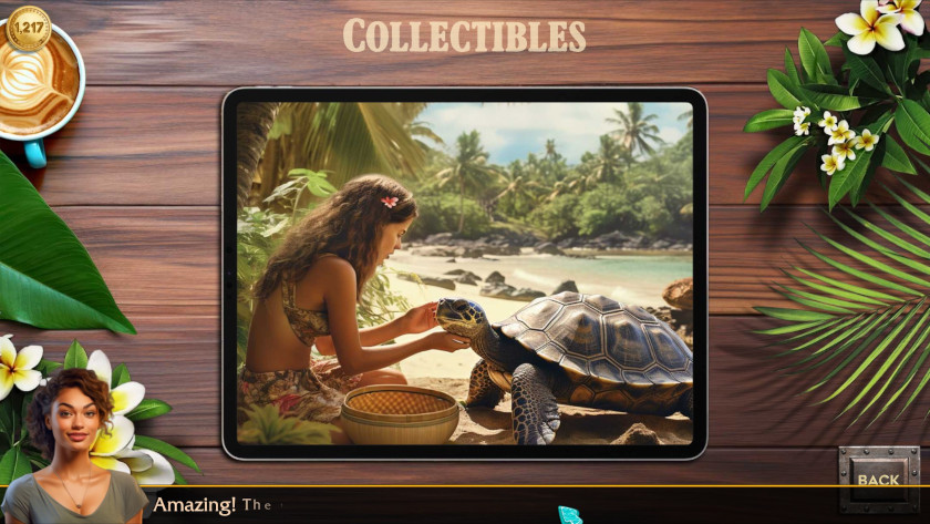A young woman on a beach helps a turtle.