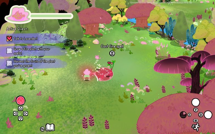 In a charming woodsy setting, the protaganist casts a magic spell on a red plant creature.