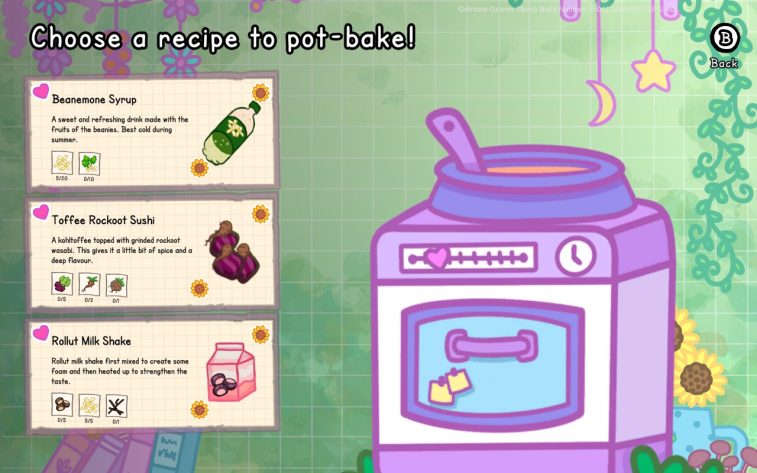 An adorable stove on the right side of the image, the left side displaying recipe options.