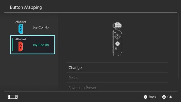 Button mapping screen of the switch, detailing the left and right joy con