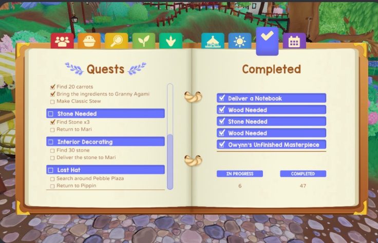 A journal aesthetic menu, with several tabs, currently showing the Quests category. Tasks waiting to be done are on the left side, and the right shows items that have been completed.