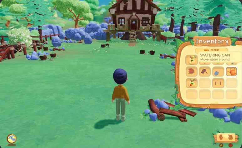 Player character stands on their farm, which features a cute treehouse and a lot of wood and stone scattered all around. Inventory menu is open to the right side of the screen. Pop-up lets you know that the item highlighted is a watering can, complete with flavor text saying "Move water around."
