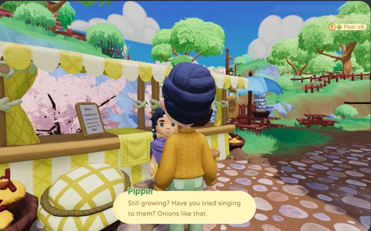 Player character faces a shopkeeper npc, named Pippin, at a marketplace stall. Dialogue box shows Pippin saying "Still growing? Have you tried singing to them? Onions like that."