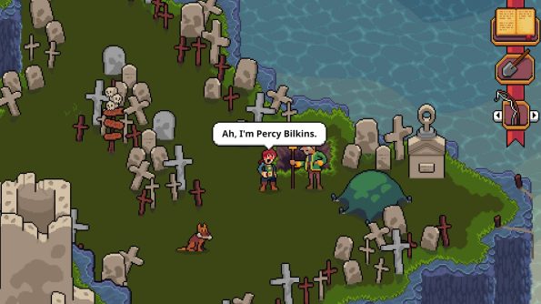 percy talking to an NPC in a cemetery 