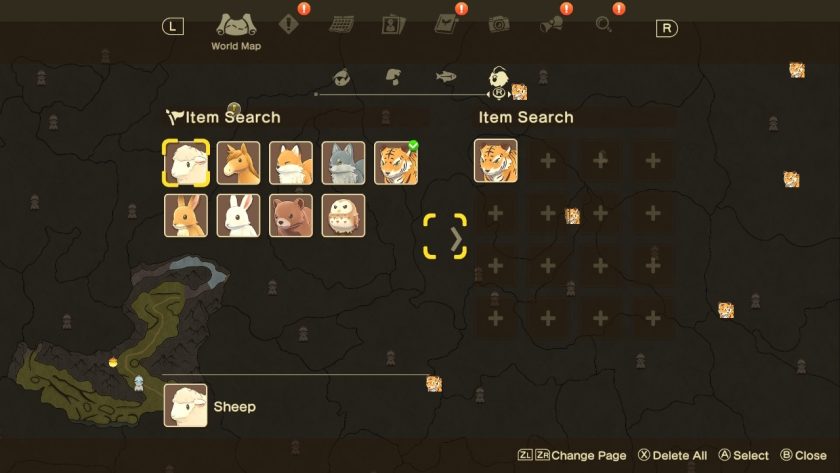 The search screen in the overworld map, where I have searched for a tiger