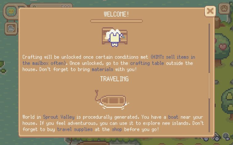 A tutorial screen talks about crafting and traveling, which unlock after some time in the game.