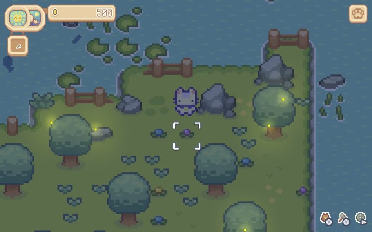 Cat character stands on a grassy island, with lily pads on the visible stretch of water. Trees, rocks, and small plants fill the land. It's evening, and fireflies are among the trees.