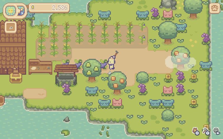 A cat character is using a hoe to harvest eggplant. Corn grows in the background, on watered soil. Trees and flowers decorate the land.
