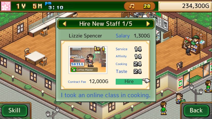 Pop-up dialog box for hire new staff 1 of 5. Details for Lizzie Spencer, with a salary of 1,300G and contract fee of 12,000G.