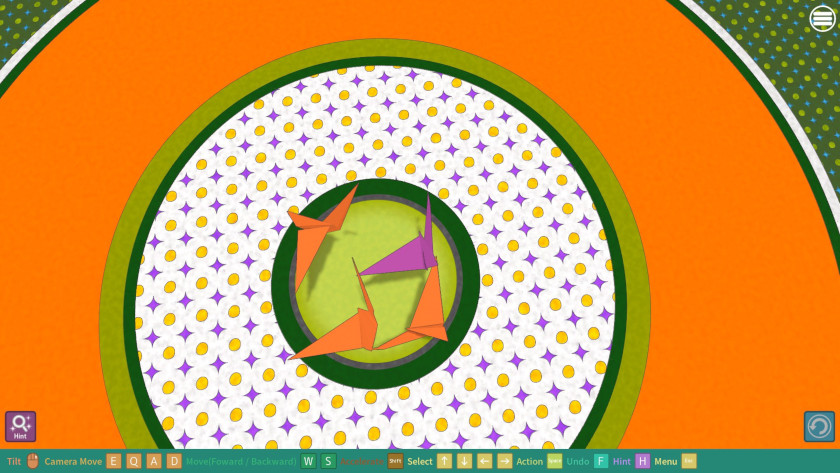 four paper cranes sit on an orange and green table.