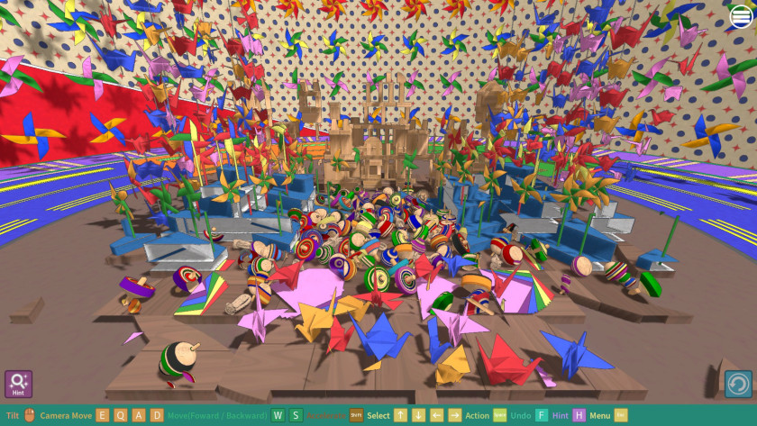 A jumble of cranes mixed with other colorful objects.