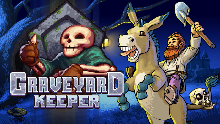 Promotional image for Graveyard Keeper showing a skeleton next to a gravestone and the main character on a donkey. Published on: LadiesGamers