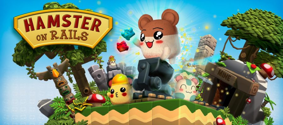 Title for Hamster on Rails, showing a hamster in a mine cart jumping for joy, with various other hamsters in the background.