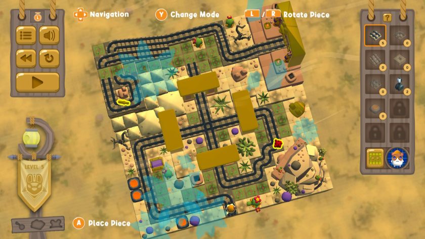 Bird's eye view of desert level 5 using x-ray vision to remove the trees and columns. There is a vague blue outline showing where they are.