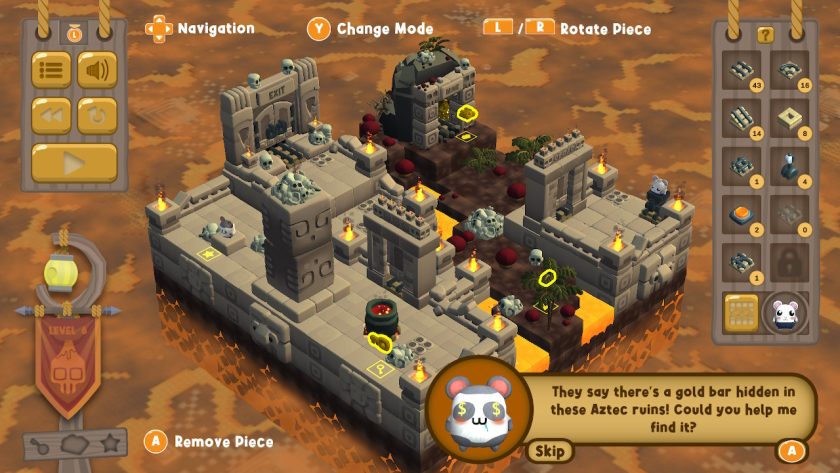 Aztec Level 6 diorama, with a hamster saying “They say there is a gold bar hidden in these Aztec ruins! Could you help me find it?”