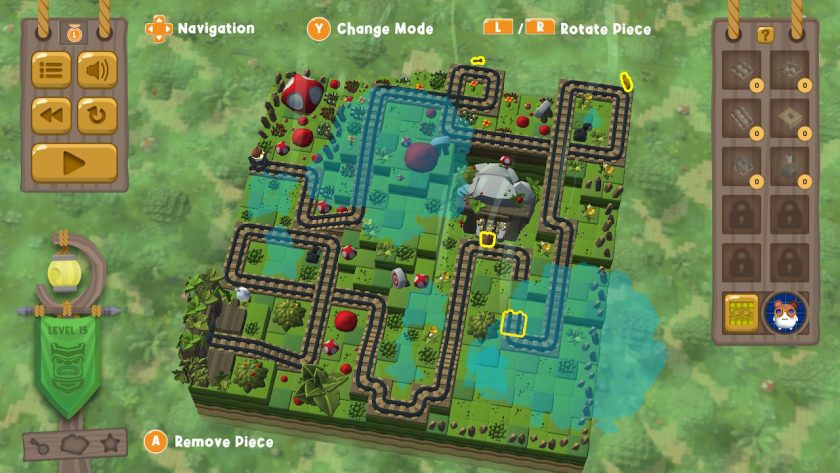 Forest Level 15 diorama, with track laid out to collect all the items, however, there are two straight tracks missing.