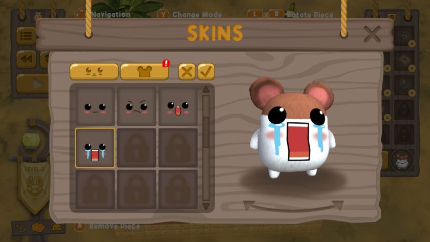 Hamster facial expression of a screaming mouth and tears pouring from the eyes. The costume is two tone, brown ears and head, with white body.