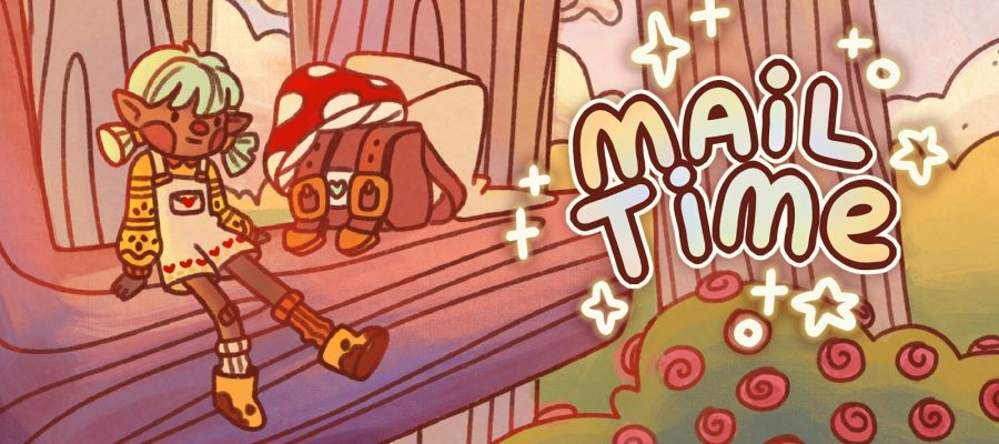 Title for Mail Time, showing lead character sitting on a tree branch with rucksack and mushroom hat next to them.