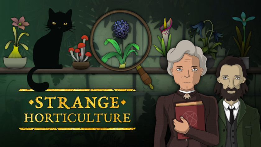 Strange Horticulture logo with characters, plants and a cat. Published on LadiesGamers for the Wholesome Gaming News.