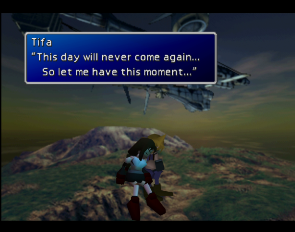 A screen shot from the PSone game Cloud and Tife are having a sweet moment