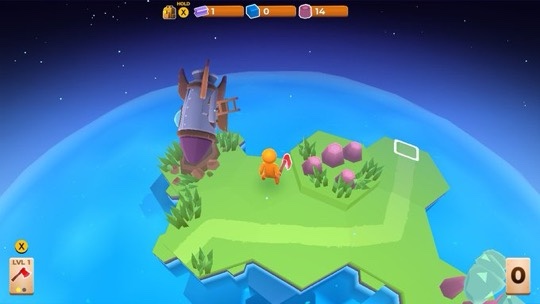 image shows the character crashed on a hex based island