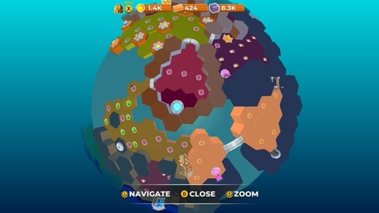 A screenshot from My Little Universe displays a spherical world divided into hexagonal tiles of various colors, representing different biomes. Some tiles are locked, while others contain resources or structures. A character is positioned near the center, surrounded by pathways and interactive elements. The top of the screen shows resource counts, and navigation options appear at the bottom. Published on: LadiesGamers.