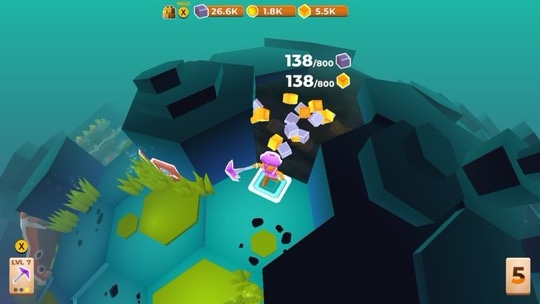 shows the character filling a hex of land with resources