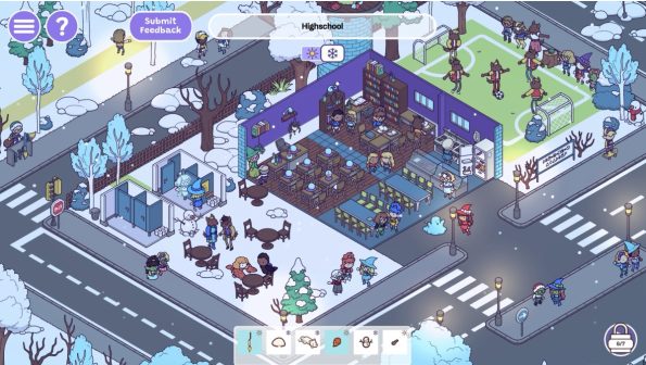 winter scene of a busy school