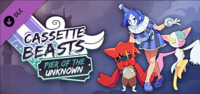 An advertisement image for "Cassette Beasts" downloadable content (DLC), titled "Pier of the Unknown". The graphic displays a duo of animated characters with a monster-catching theme. On the left, a blue-haired character wearing a sailor outfit, complete with a tail and oversized sleeves, strikes a confident pose. On the right, a red creature with horns and a cape embodies a mix of charm and mischief. A third character, a starry white creature with one wing and a single eye on its forehead, is partially obscured behind. The title "CASSETTE BEASTS" dominates the upper half of the image in bold, stylized lettering, set against a shadowy, purple background that hints at the enigmatic adventures to be had in this extension of the game. Published on: LadiesGamers.