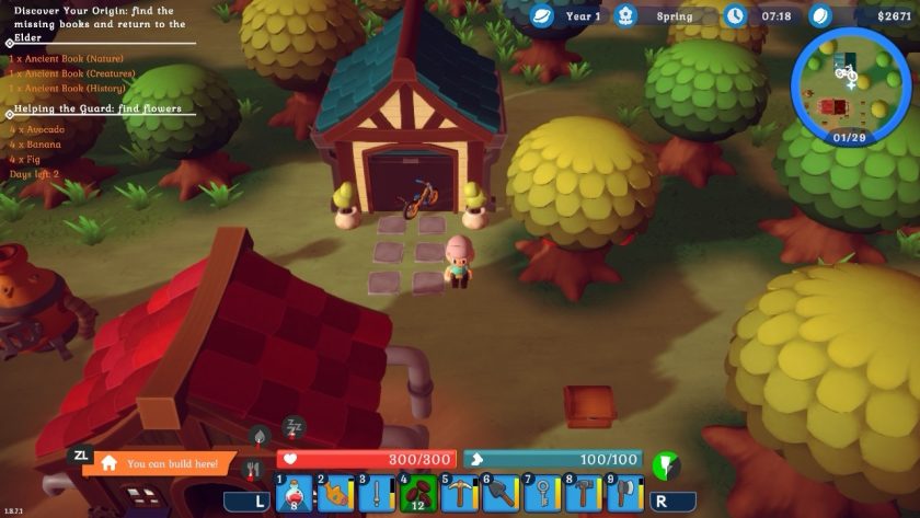 Little YvoCaro stands before her garage, which now houses a real bike. On the foreground the roof of the farmhouse can be seen, and everything is surrounded with trees.