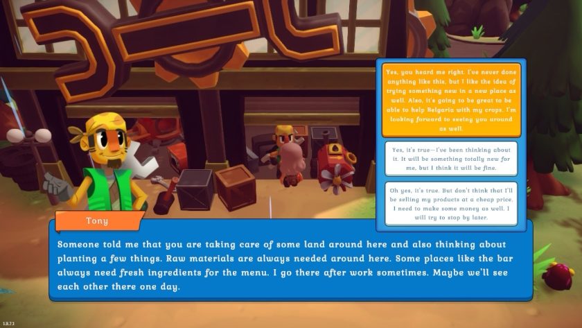 Talking with Tony, the mechanic, who has a lot of text. And YvoCaro can choose from the answers, alle with a lot of words that are hard to read. 