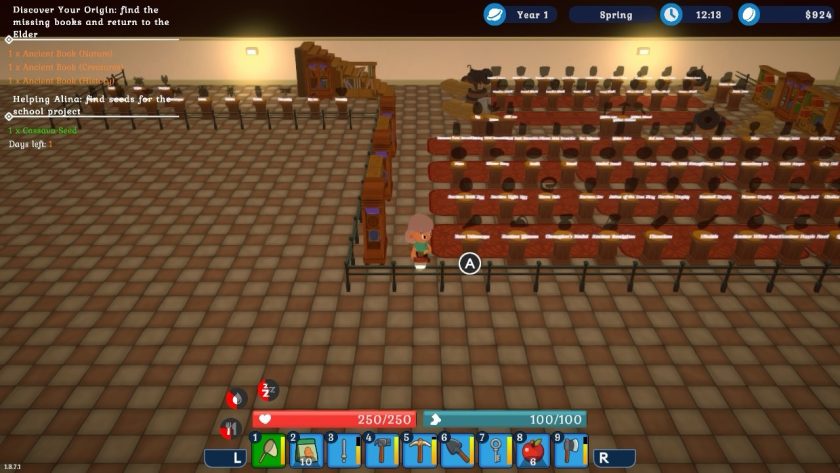 In the museum, with loads of tables, each with a tag of the animal or find that should be displayed here. 