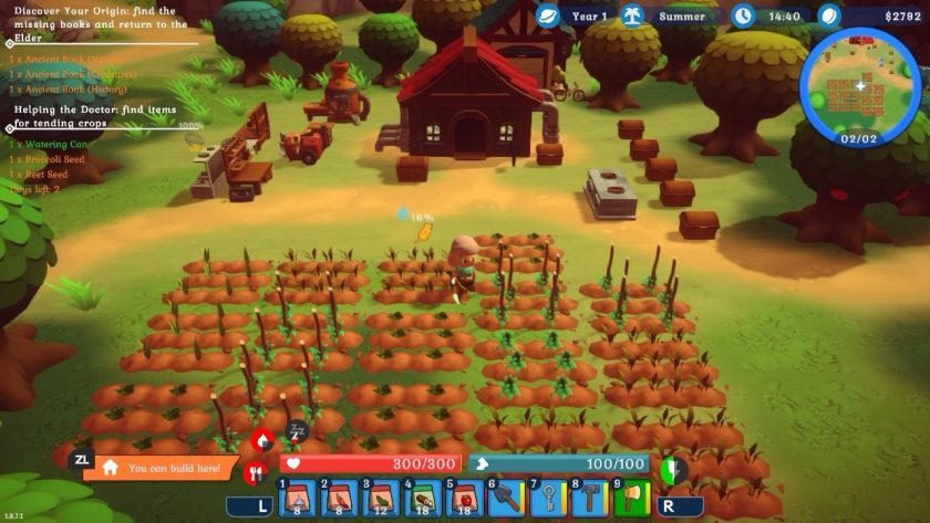 The farm with the faming plots in the front and several chests for storage. You see the various bars and meters you have to keep an eye on. 